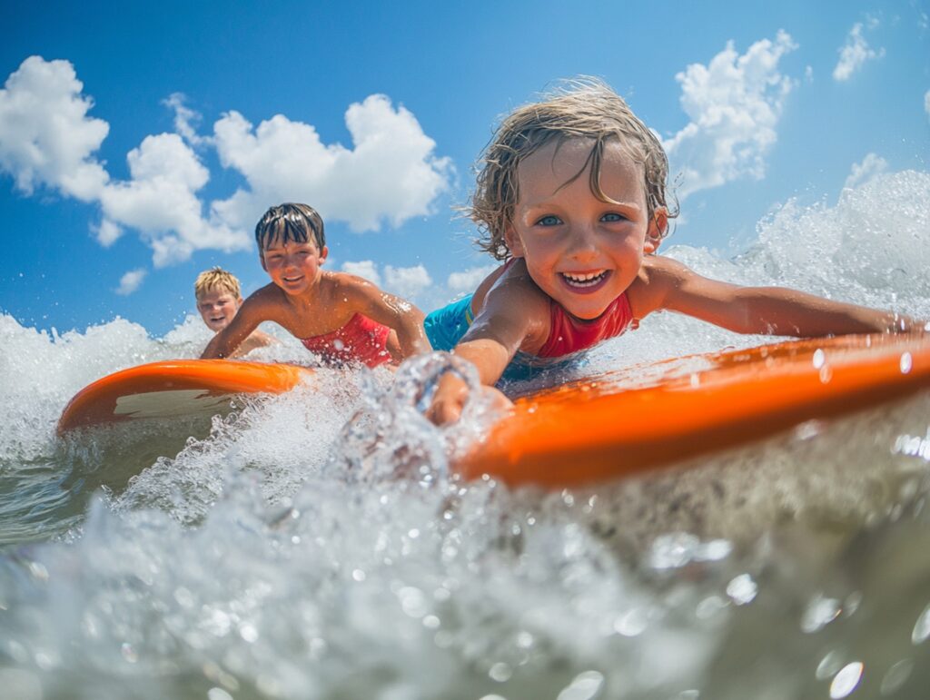 kids surfing on surfboards in North Myrtle Beach - Thomas Beach Vacations