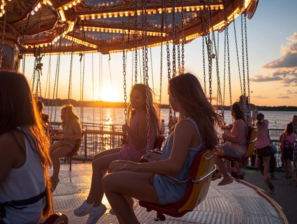 people riding a swing carousel